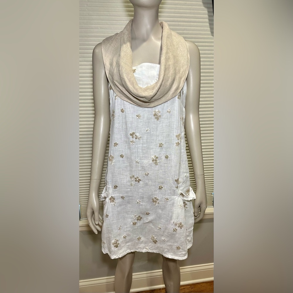 Luisa Made in Italy Embroidered Floral Linen Pullover Dress Luxury Classic Small